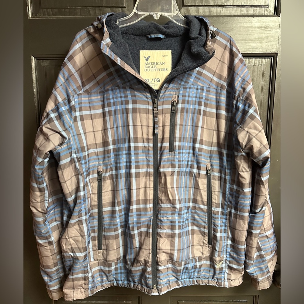 American Eagle Outfitters Fleece Lined Hooded Jacket Blue/Gray Plaid Men’s Sz XL